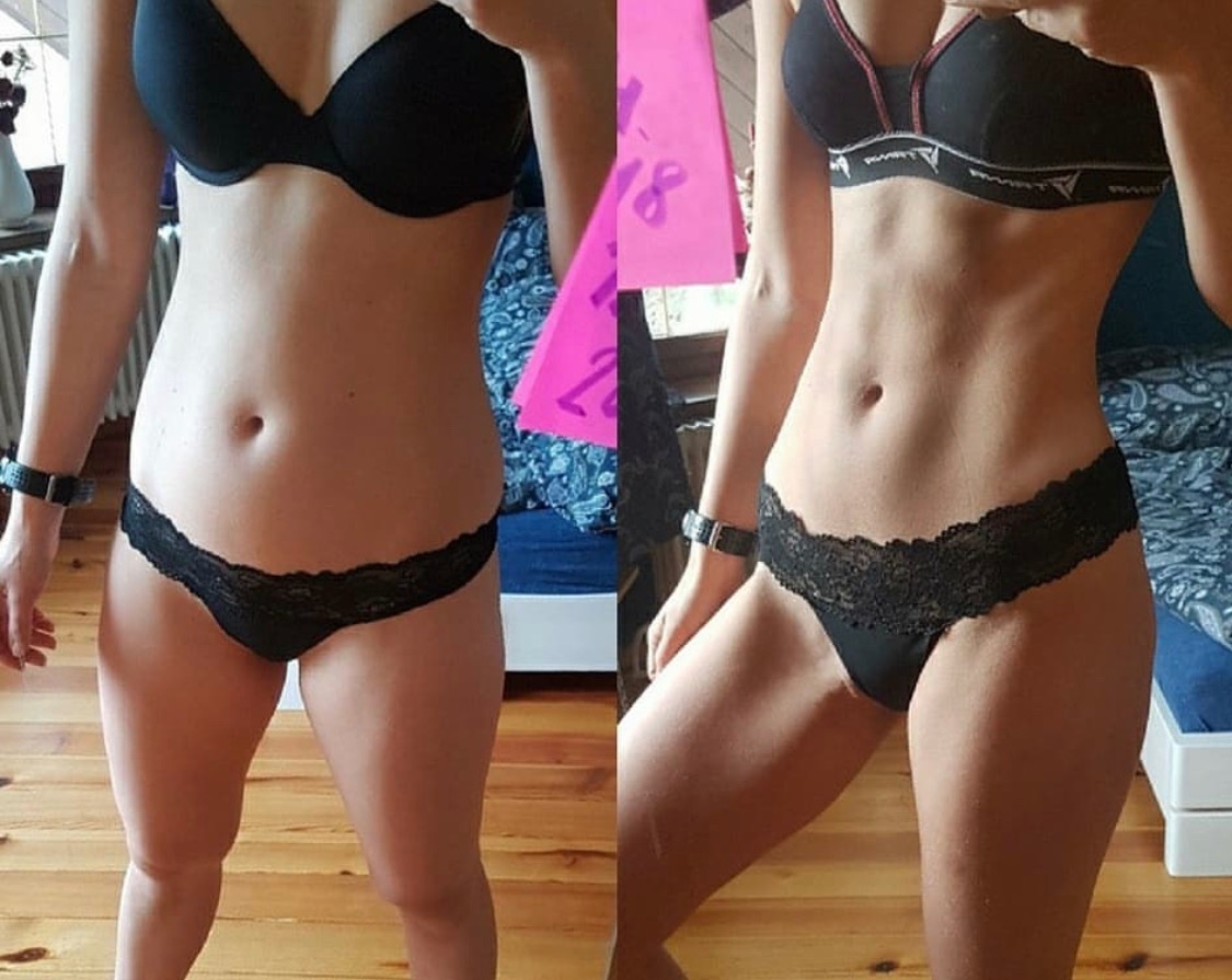 Porównanie sylwetki kobiety przed i po, ukazujące widoczną redukcję tkanki tłuszczowej i zarys mięśni brzucha, z różnicą w postawie i napięciu ciała.