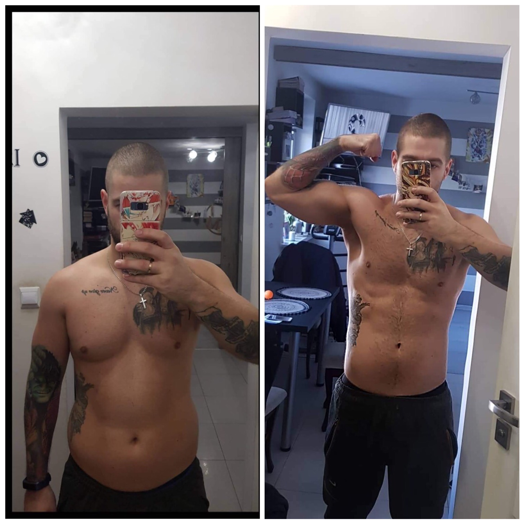 Mężczyzna robiący selfie w lustrze, prezentujący transformację sylwetki: po lewej zdjęcie przed, po prawej po treningu, widoczne tatuaże na ramionach i klatce piersiowej, w tle fragment pokoju.