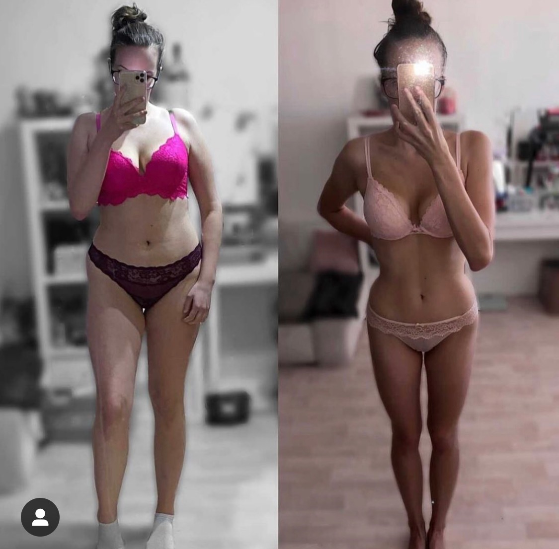 Porównanie sylwetki kobiety przed i po, widoczne zmiany w wadze i kształcie ciała, różowe i fioletowe komplety bielizny, selfie w lustrze.