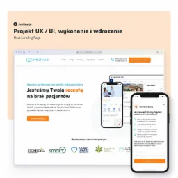 Prezentacja projektu UX/UI strony internetowej meditrue.pl na ekranie laptopa i wizytówki Google na smartfonie, podkreślająca korzyści z optymalizacji widoczności placówki medycznej w Mapach Google.