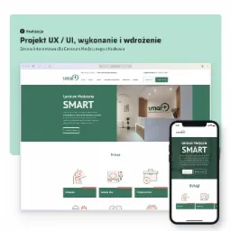 Prezentacja strony internetowej dla Centrum Medycznego SMART z Krakowa, widoczna na ekranie laptopa i smartfona. Układ strony responsywny, z zieloną kolorystyką i elementami graficznymi...