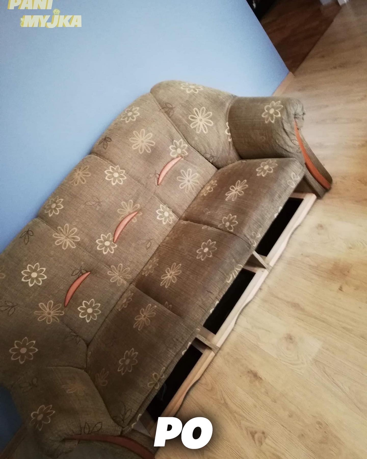 Brudna, brązowa sofa z kwiatowym wzorem przed niebieską ścianą i drewnianą podłogą, widoczne ślady użytkowania i zabrudzenia.