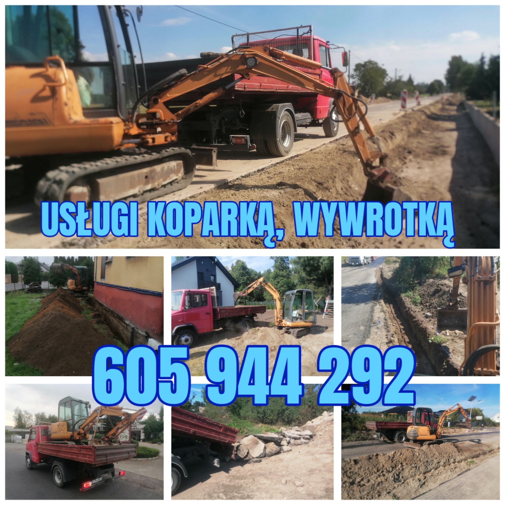 Żółta koparka i czerwona wywrotka pracują przy wykopie w ziemi. Na kolażu widać różne ujęcia maszyn i wykopu. Numer telefonu nałożony na zdjęcia.