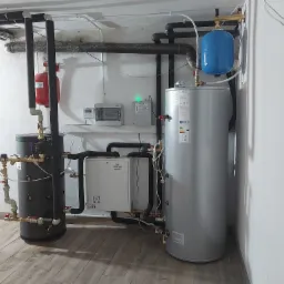 Nowoczesna kotłownia z szarym zbiornikiem i białą pompą ciepła, rury w izolacji, manometry i zawory. Instalacja w piwnicy na drewnopodobnej podłodze.