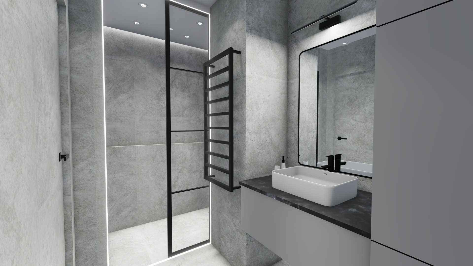 Nowoczesna łazienka w odcieniach szarości z czarnymi akcentami: kabina prysznicowa typu walk-in z oświetleniem LED, grzejnik drabinkowy, umywalka nablatowa na szafce z blatem imitującym kamień...