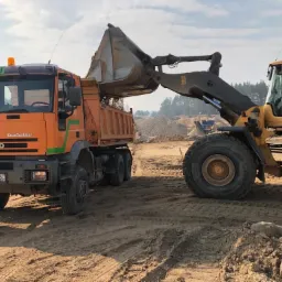 Pomarańczowa ciężar&oacute;wka Iveco EuroTrakker z rejestracją NOL 7848C, podczas załadunku materiału sypkiego przez ż&oacute;łtą ładowarkę kołową Volvo w kopalni piasku, w tle widoczne hałdy.