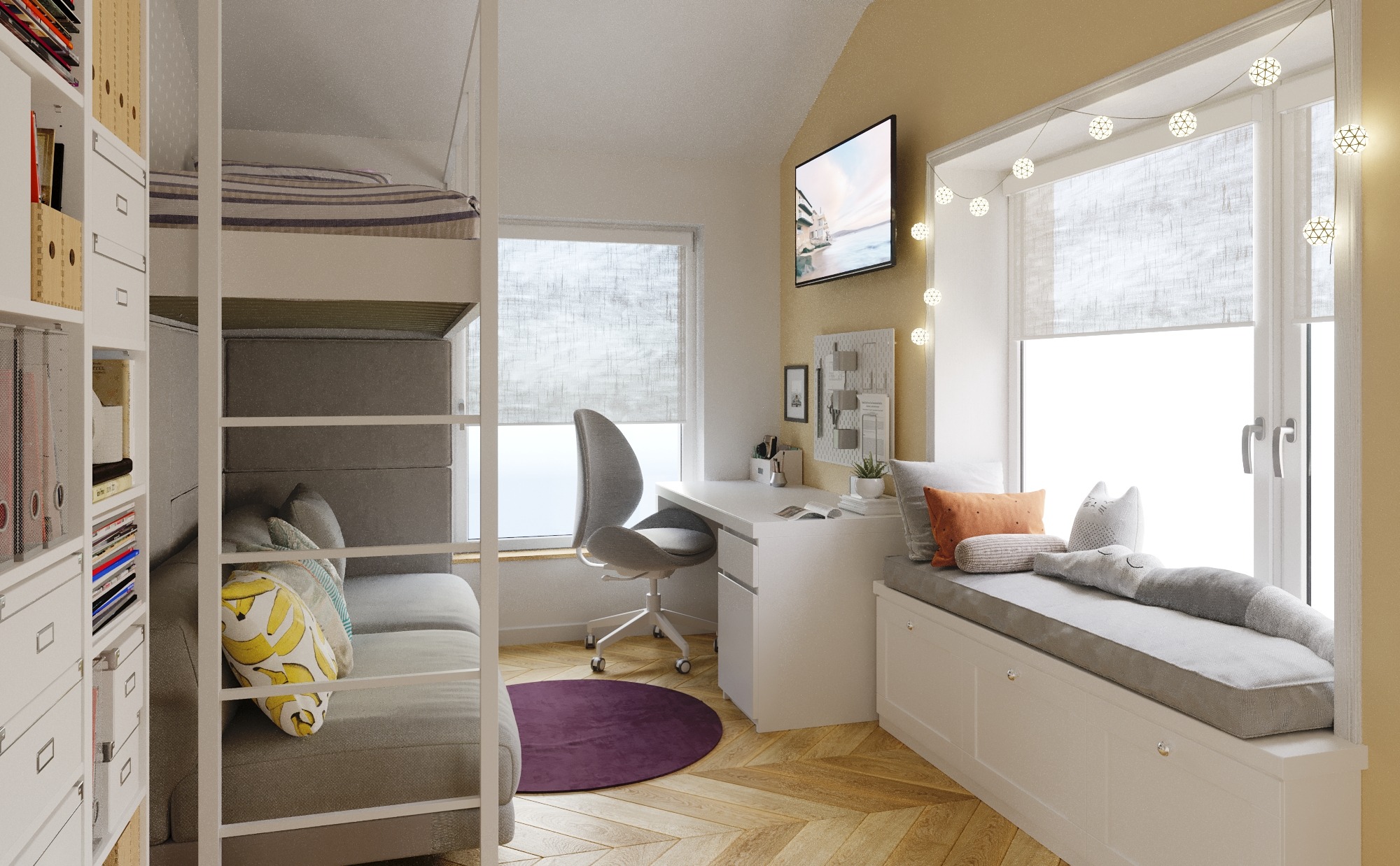 Pokój młodzieżowy w Warszawie z łóżkiem na antresoli, biurkiem przy oknie z dekoracyjnymi lampkami, szarą sofą z kolorowymi poduszkami i fioletowym dywanem.