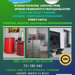 Kolaż prezentujący trzy różne systemy grzewcze: kocioł na paliwo stałe z zasobnikiem, kotłownia z kotłem gazowym i zasobnikiem oraz zewnętrzna jednostka pompy ciepła, wszystko na tle materiałów...