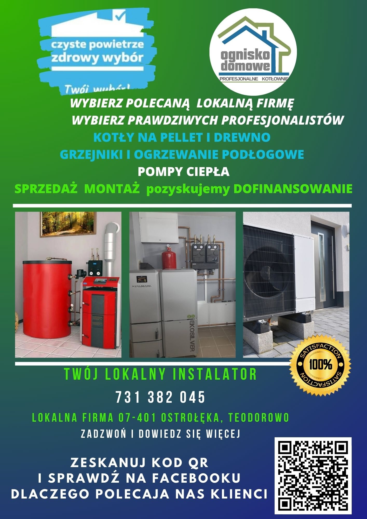 Kolaż prezentujący trzy różne systemy grzewcze: kocioł na paliwo stałe z zasobnikiem, kotłownia z kotłem gazowym i zasobnikiem oraz zewnętrzna jednostka pompy ciepła, wszystko na tle materiałów...