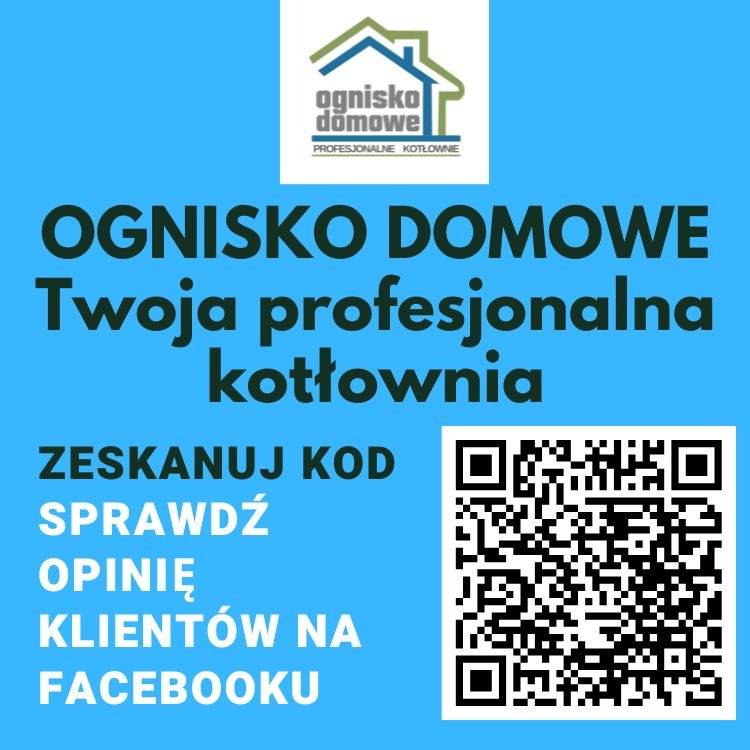 Grafika reklamowa firmy Ognisko Domowe, prezentująca logo i hasło 'Twoja profesjonalna kotłownia', z kodem QR do zeskanowania i linkiem do opinii klientów na Facebooku.