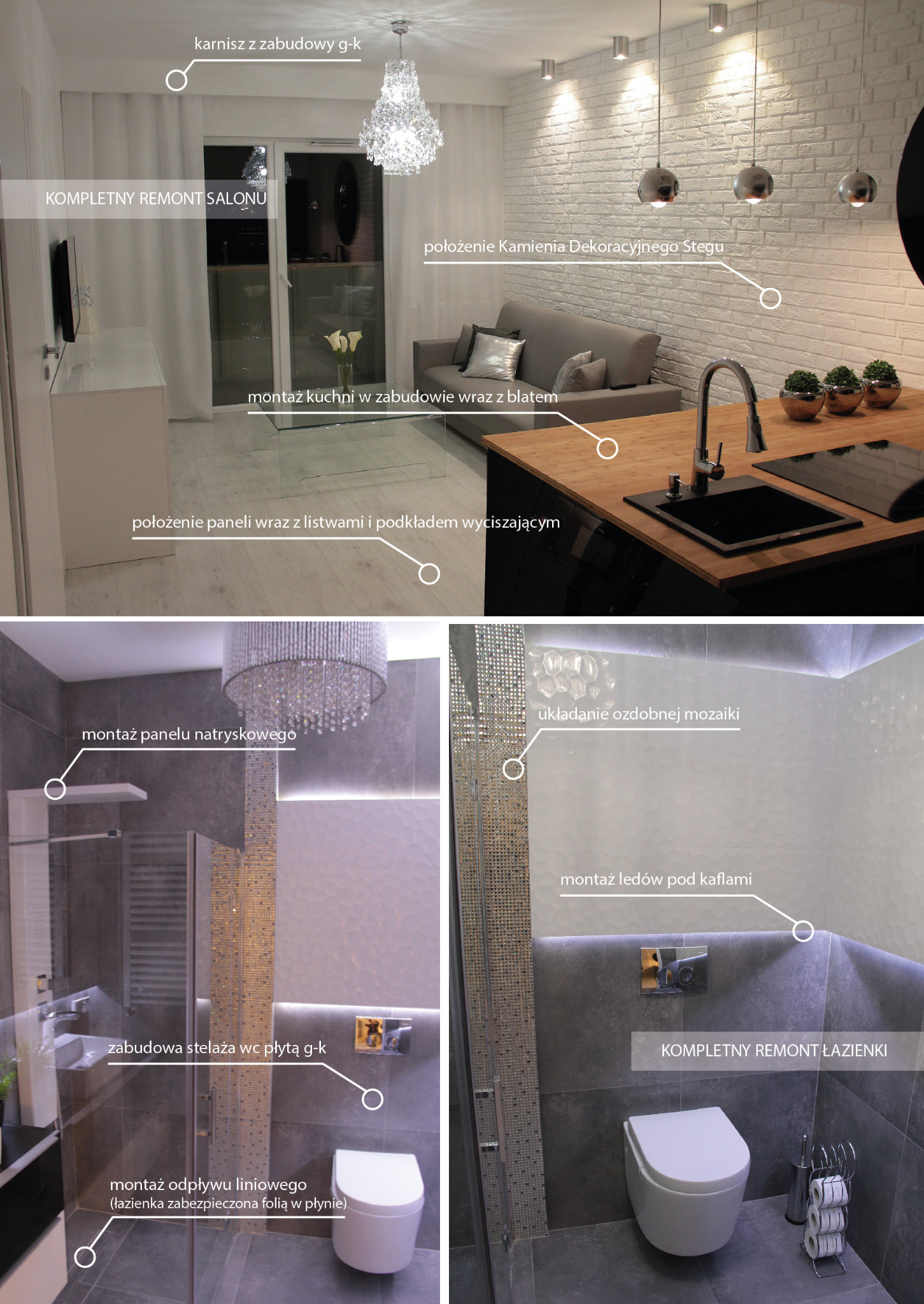 Nowoczesne wnętrze po remoncie w Opolu: salon z aneksem kuchennym, biała ściana z dekoracyjnym kamieniem, drewniany blat kuchenny oraz łazienka z szarą glazurą, ozdobną mozaiką i oświetleniem LED.