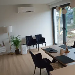 Jasne wnętrze salonu z drewnianą podłogą, czarnymi krzesłami przy stole, rośliną doniczkową i oczyszczaczem powietrza obok, widok na ogród przez duże okno.