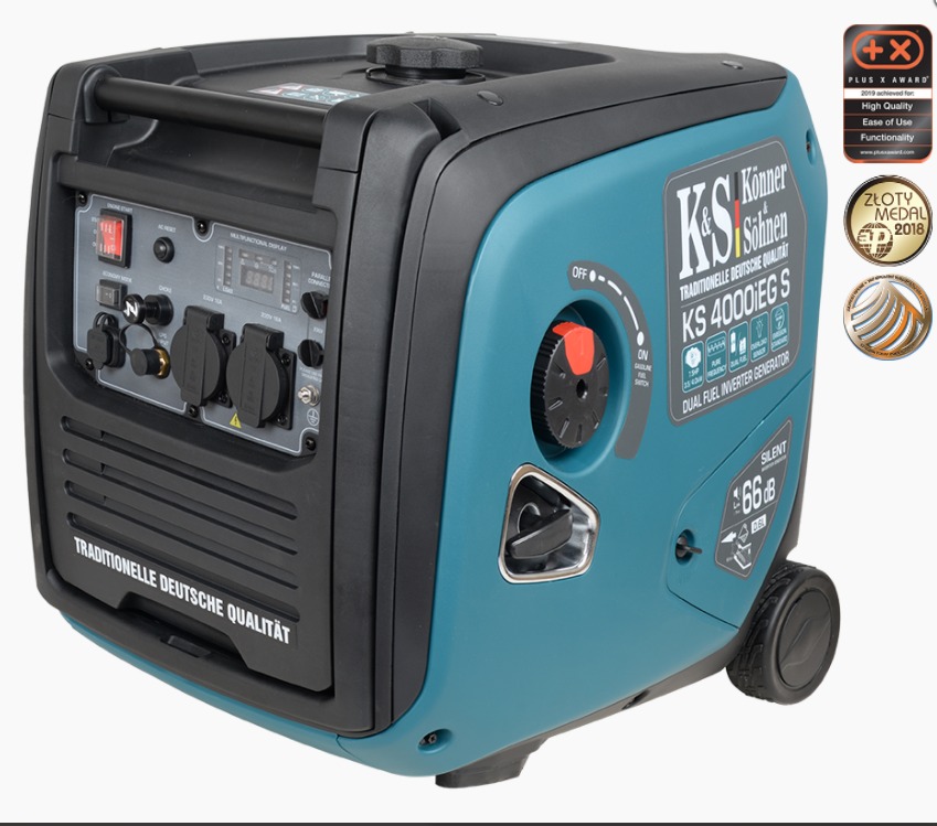 Przenośny agregat prądotwórczy Könner & Söhnen KS 4000iEG S, z dwoma gniazdami, panelem sterowania i oznaczeniami jakości, na białym tle.