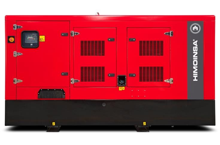 Czerwony, wyciszony agregat prądotwórczy marki Himoinsa z widocznym panelem sterowania i kratkami wentylacyjnymi.