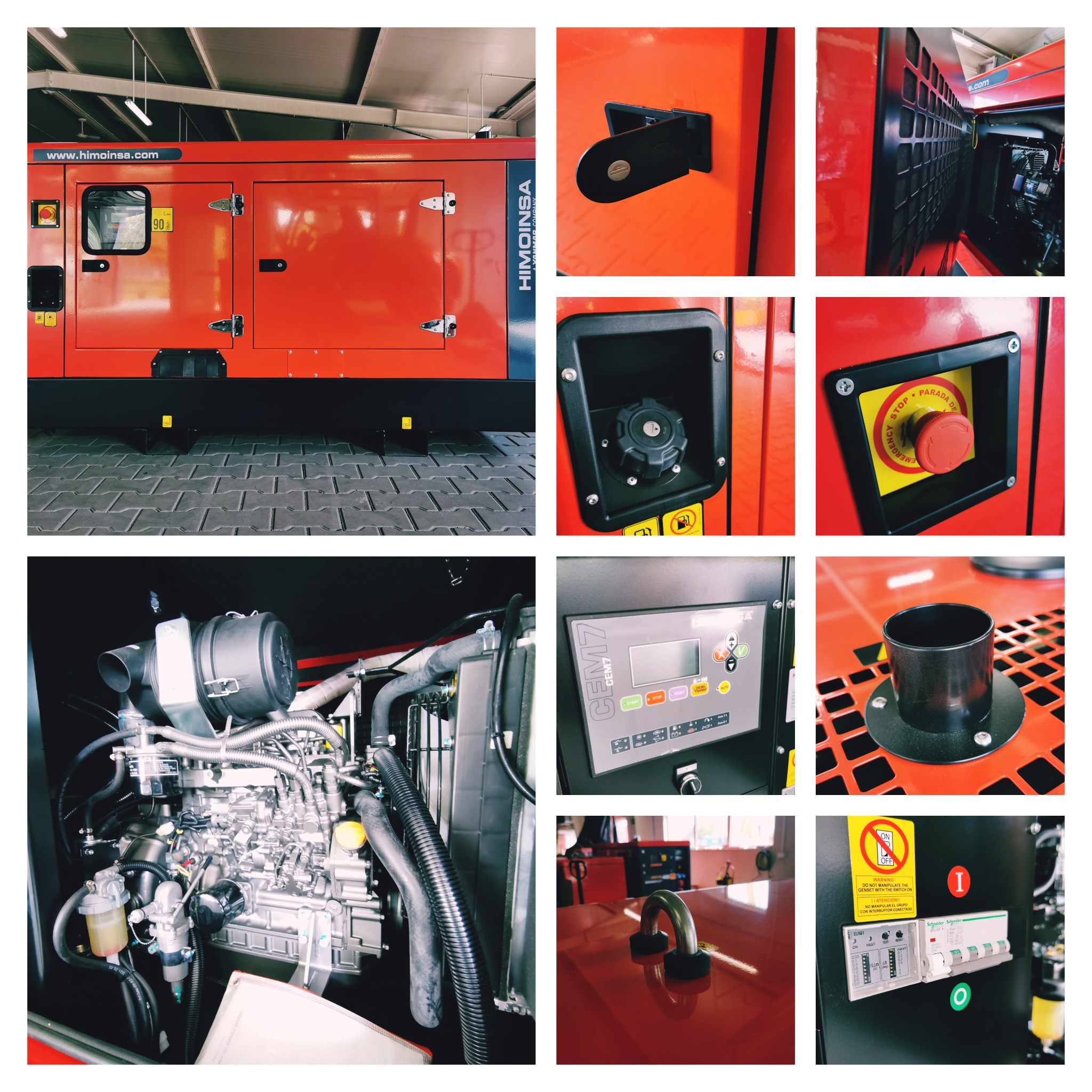 Zestawienie detali agregatu prądotwórczego: widok z boku na czerwoną obudowę z oznaczeniem www.himoinsa.com, zbliżenie na panel sterowania CEM7, silnik wewnętrzny oraz wyłącznik awaryjny.