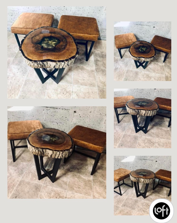 Stolik kawowy + dwie pufy Loft