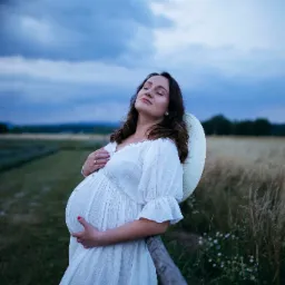 Kobieta w białej sukience ciążowej, oparta o drewniany płot na tle pola i pochmurnego nieba, trzyma ręce na brzuchu, z zamkniętymi oczami i kapeluszem obok.