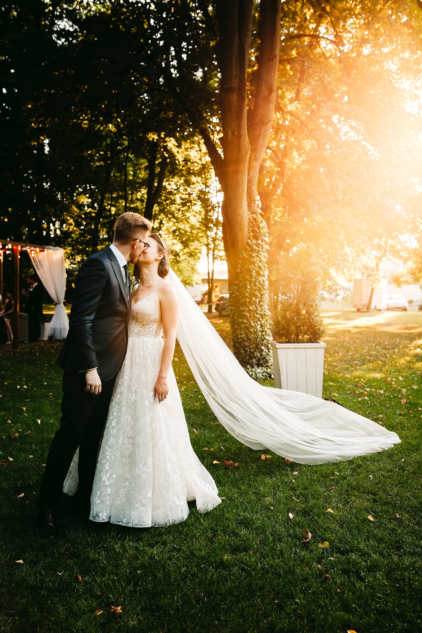 Pocałunek nowożeńców w plenerze, ona w koronkowej sukni z długim welonem, on w ciemnym garniturze, złote światło słoneczne przebija przez drzewa.