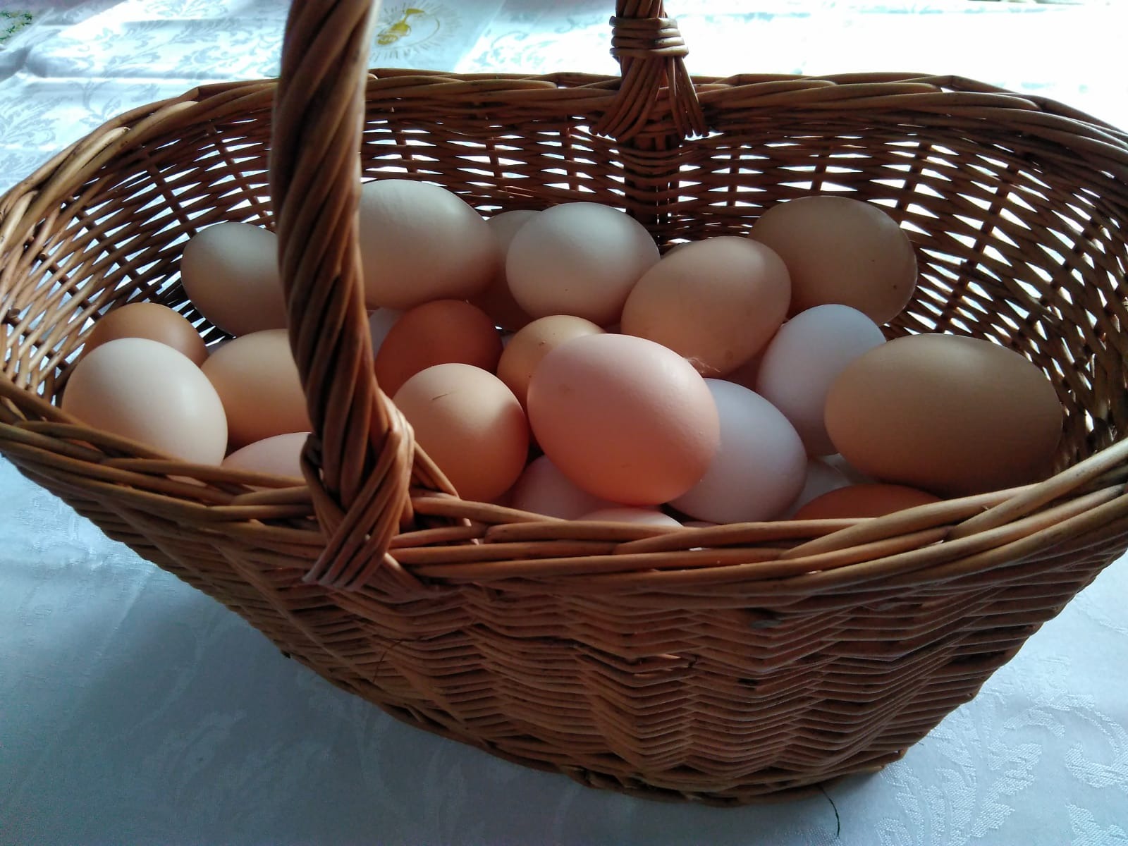 Wiklinowy koszyk wypełniony mieszanką białych i brązowych produktów na białym obrusie w naturalnym świetle.