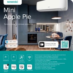 Spooko.pl Klimatyzacja Pompy Ciepła - Promocja klimatyzatora Hisense 'Mini Apple Pie' w nowoczesnym wnętrzu kuchni z szafkami w kolorze ciemnego błękitu i okrągłym stołem, prezentująca jego design i funkcje, w tym sterowanie głosowe...