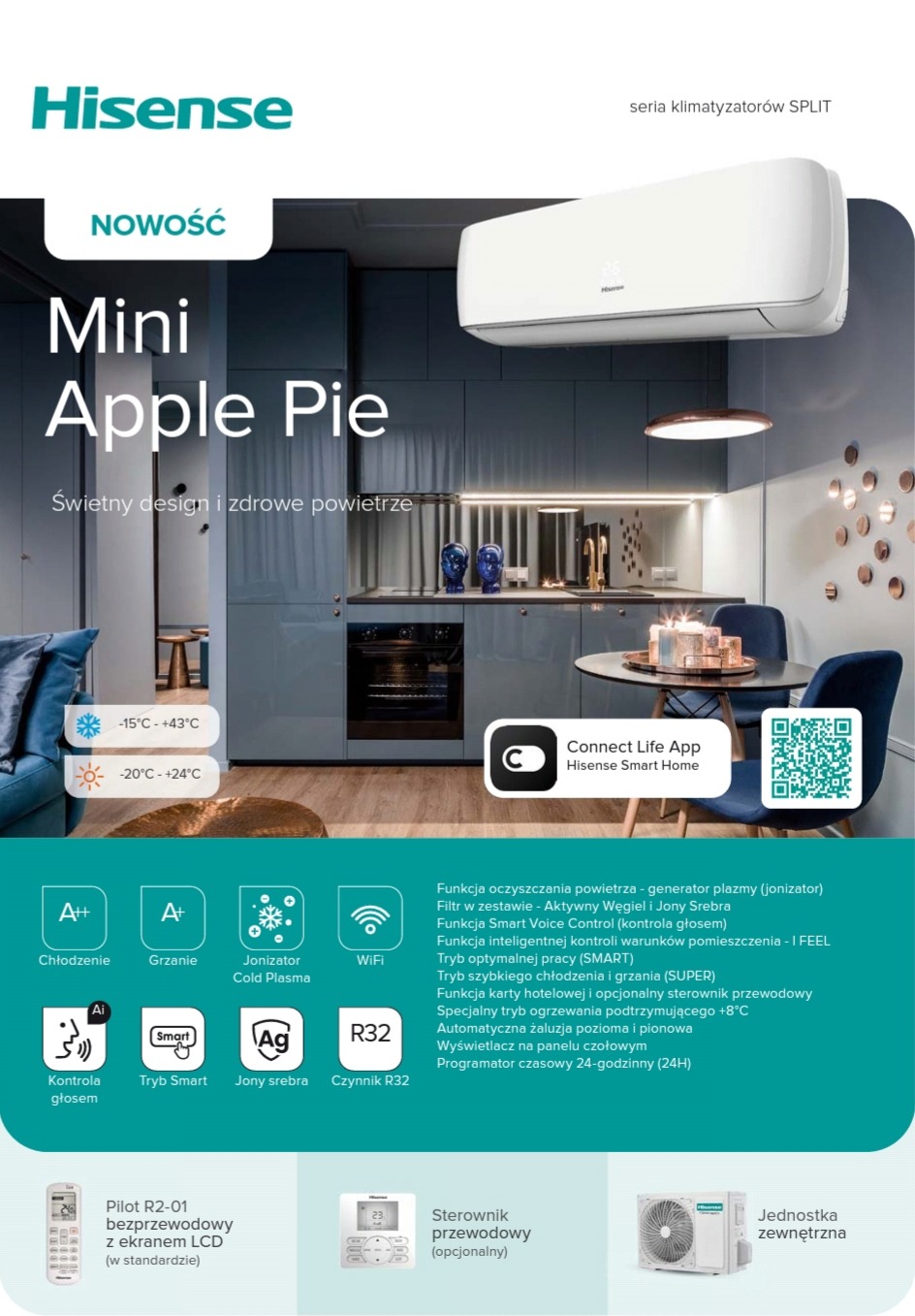 Promocja klimatyzatora Hisense 'Mini Apple Pie' w nowoczesnym wnętrzu kuchni z szafkami w kolorze ciemnego błękitu i okrągłym stołem, prezentująca jego design i funkcje, w tym sterowanie głosowe...