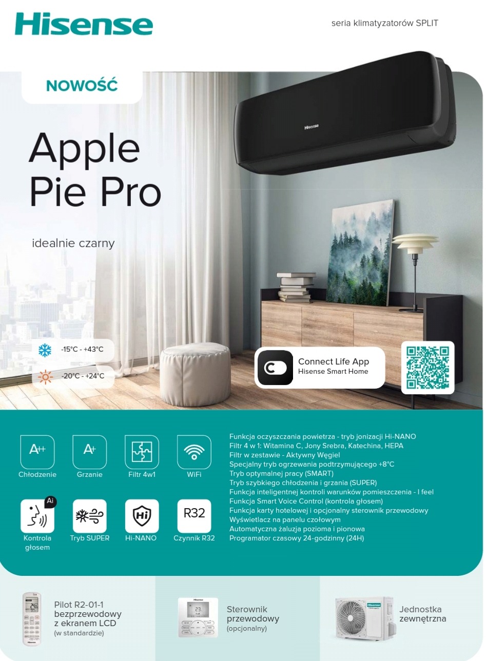 Czarny klimatyzator Hisense Apple Pie Pro zamontowany w nowoczesnym wnętrzu, obok pufa, komody z obrazem i lampą, prezentacja produktu z uwzględnieniem specyfikacji technicznej i funkcji.