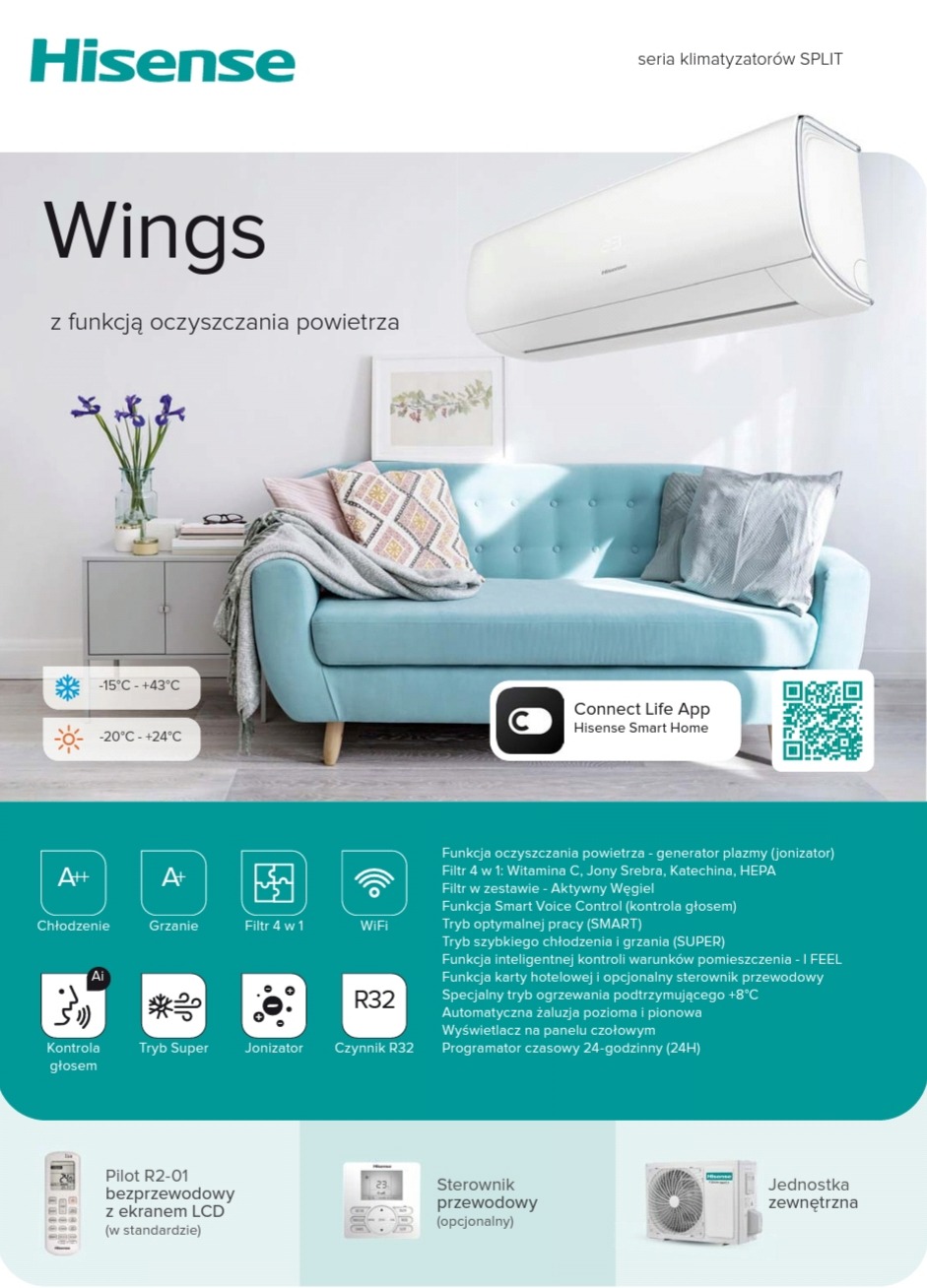 Nowoczesny klimatyzator Hisense Wings zamontowany na ścianie nad turkusową kanapą w jasnym salonie, prezentacja funkcji oczyszczania powietrza, widoczne logo i oznaczenia techniczne.