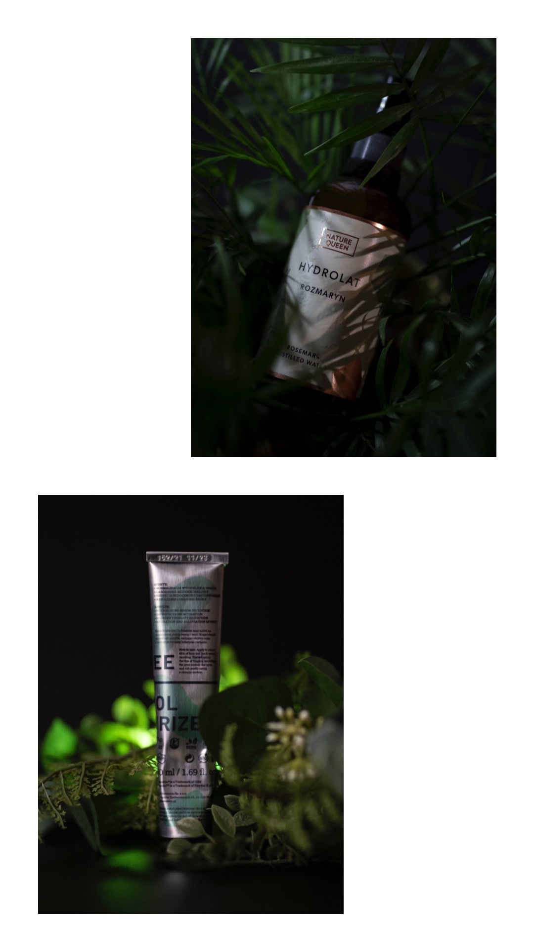 Zdjęcie produktowe w Poznaniu przedstawia hydrolat rozmarynowy w szklanej butelce i krem nawilżający w tubce, oba otoczone zielonymi liśćmi i roślinami na ciemnym tle.