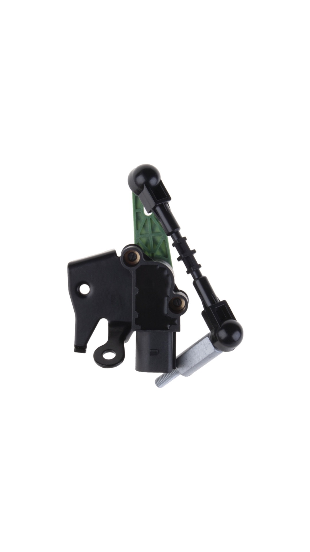 Czujnik poziomu zawieszenia z czarną obudową, zielonym elementem i srebrnym gwintowanym prętem, na białym tle.