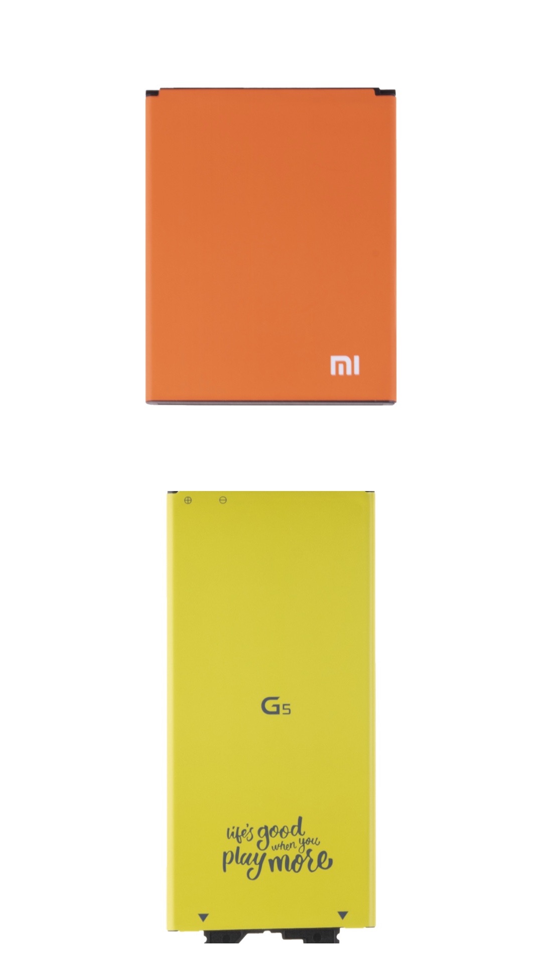 Dwie baterie do telefonów: pomarańczowa z logo 'mi' i żółta z napisem 'life's good when you play more' i logo G5.