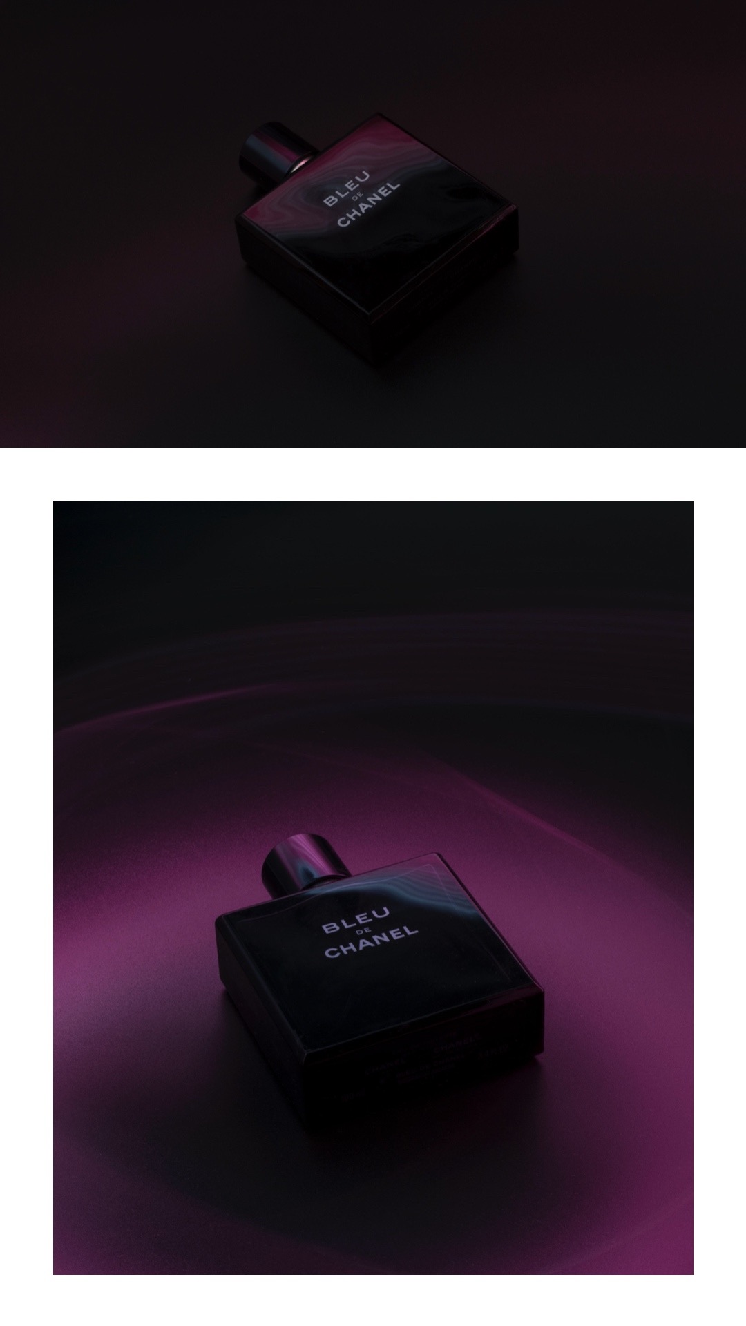 Elegancki flakon perfum Bleu de Chanel na ciemnym tle z subtelnym, purpurowym oświetleniem.