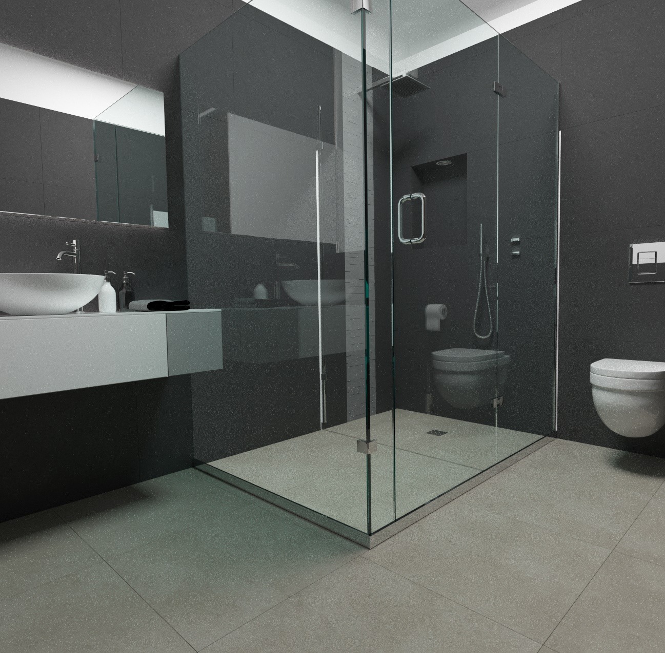 Nowoczesna łazienka w odcieniach szarości z kabiną prysznicową typu walk-in, wiszącą toaletą i umywalką nablatową na szafce. Widoczny minimalistyczny design i duże, ciemne płytki na ścianach.