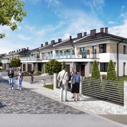 LS DEVELOP Łukasz Skarżyński, Adam Skarżyński Spółka Cywilna - Wizualizacja szeregu nowoczesnych domów jednorodzinnych z balkonami i ogrodzeniami, z ludźmi spacerującymi po chodniku i jeżdżącymi na rowerze w słoneczny dzień.