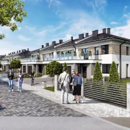 Wizualizacja szeregu nowoczesnych domów jednorodzinnych z balkonami i ogrodzeniami, z ludźmi spacerującymi po chodniku i jeżdżącymi na rowerze w słoneczny dzień.