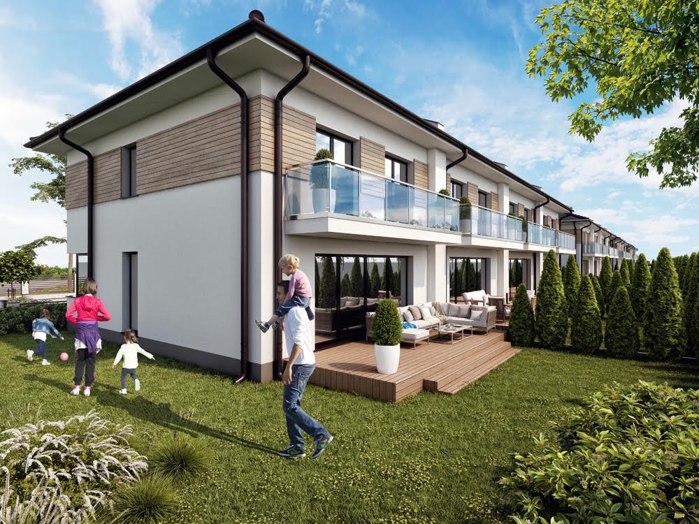 Wizualizacja szeregu nowoczesnych domów z balkonami i drewnianymi elementami elewacji, z zielonym trawnikiem i bawiącymi się dziećmi.
