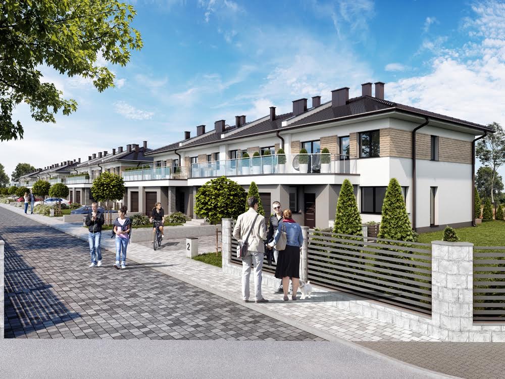 Wizualizacja szeregu nowoczesnych domów jednorodzinnych z balkonami i ogrodzeniami, z ludźmi spacerującymi po chodniku i jeżdżącymi na rowerze w słoneczny dzień.