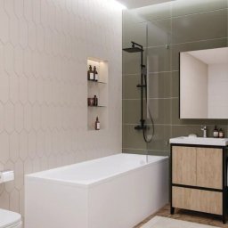 Denys Denysov - Nowoczesna łazienka z białymi i oliwkowymi płytkami, minimalistyczną armaturą w kolorze czarnym, prostokątną wanną i szafką umywalkową z drewnianymi frontami.