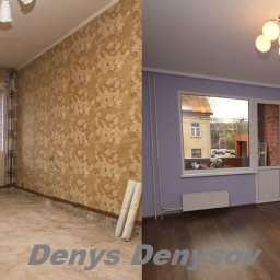 Denys Denysov - Porównanie stanu pokoju przed i po zmianach: od ściany z tapetą w kwiaty i surową podłogą do fioletowych ścian, paneli i nowego oświetlenia.