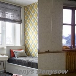 Denys Denysov - Porównanie pokoju: odnowione wnętrze z szarą roletą rzymską, wzorzystą tapetą i dekoracyjnym stolikiem nocnym zestawione z surowym pokojem przed remontem, z drewnianym oknem i grzejnikiem.