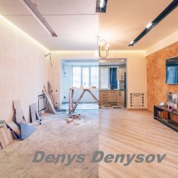 Denys Denysov - Porównanie stanu pokoju przed i po pracach: surowe ściany z instalacjami i rusztowaniem kontra wykończone wnętrze z telewizorem, oświetleniem i ozdobną ścianą.