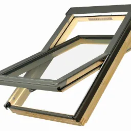 Otwarty model okna dachowego z drewnianą ramą i szarym profilem, widoczne detale mechanizmu otwierania.