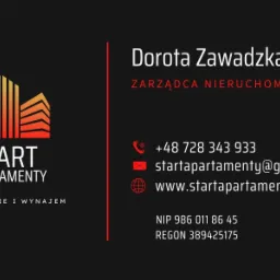 Wizytówka firmy Start Apartamenty z logo przedstawiającym budynki w kolorze pomarańczowo-żółtym i danymi kontaktowymi Doroty Zawadzkiej, zarządcy nieruchomości.