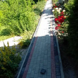 Ułożona ścieżka z kostki brukowej w ogrodzie, z pojedynczą kostką leżącą obok, otoczona zielenią i kwitnącymi różami.