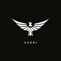 Eleganckie, minimalistyczne logo przedstawiające białego ptaka w locie na czarnym tle, poniżej napis 'GUERI'.