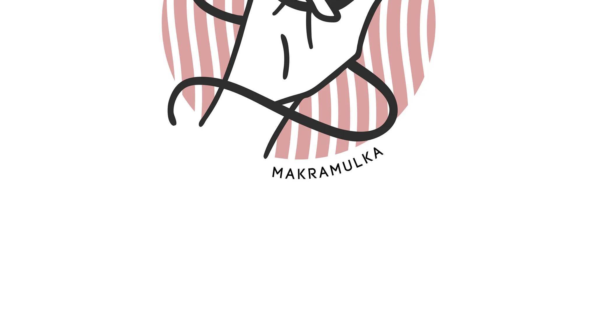 Ilustracja logo z ręką w minimalistycznym stylu, czarną linią i nazwą 'MAKRAMULKA' na tle różowo-białych pasków.