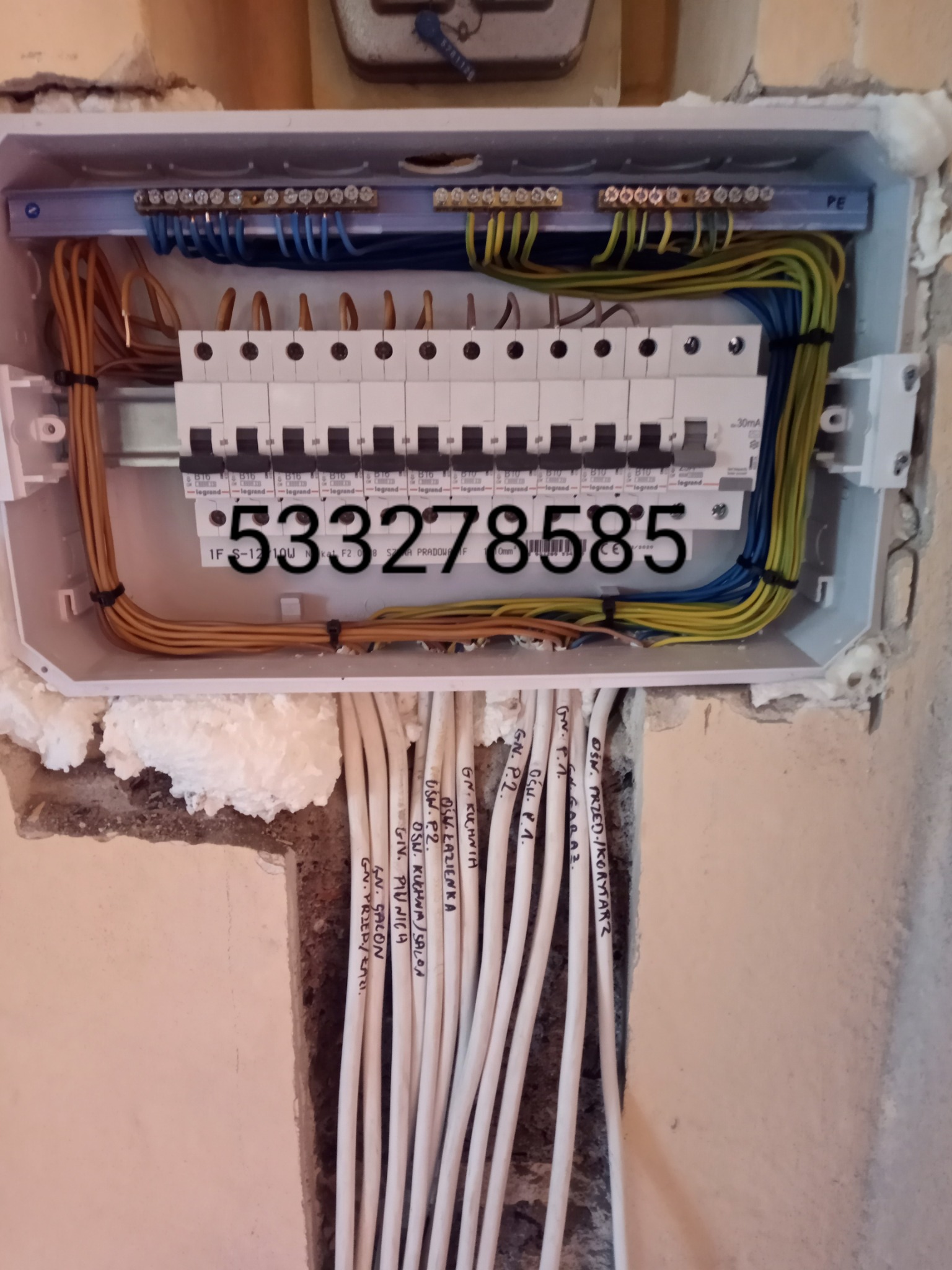 Rozdzielnica elektryczna z zainstalowanymi bezpiecznikami i oznaczonymi przewodami w Środzie Śląskiej, widoczne okablowanie w różnych kolorach.