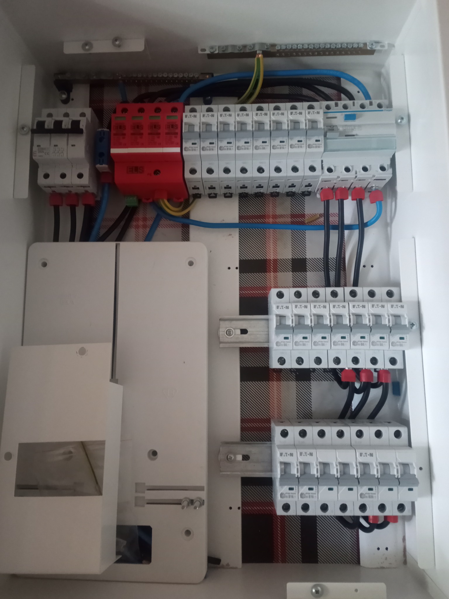 Otwarta skrzynka elektryczna z zainstalowanymi bezpiecznikami, ogranicznikami przepięć, przewodami i szynami montażowymi, umieszczona na tle w kratę.