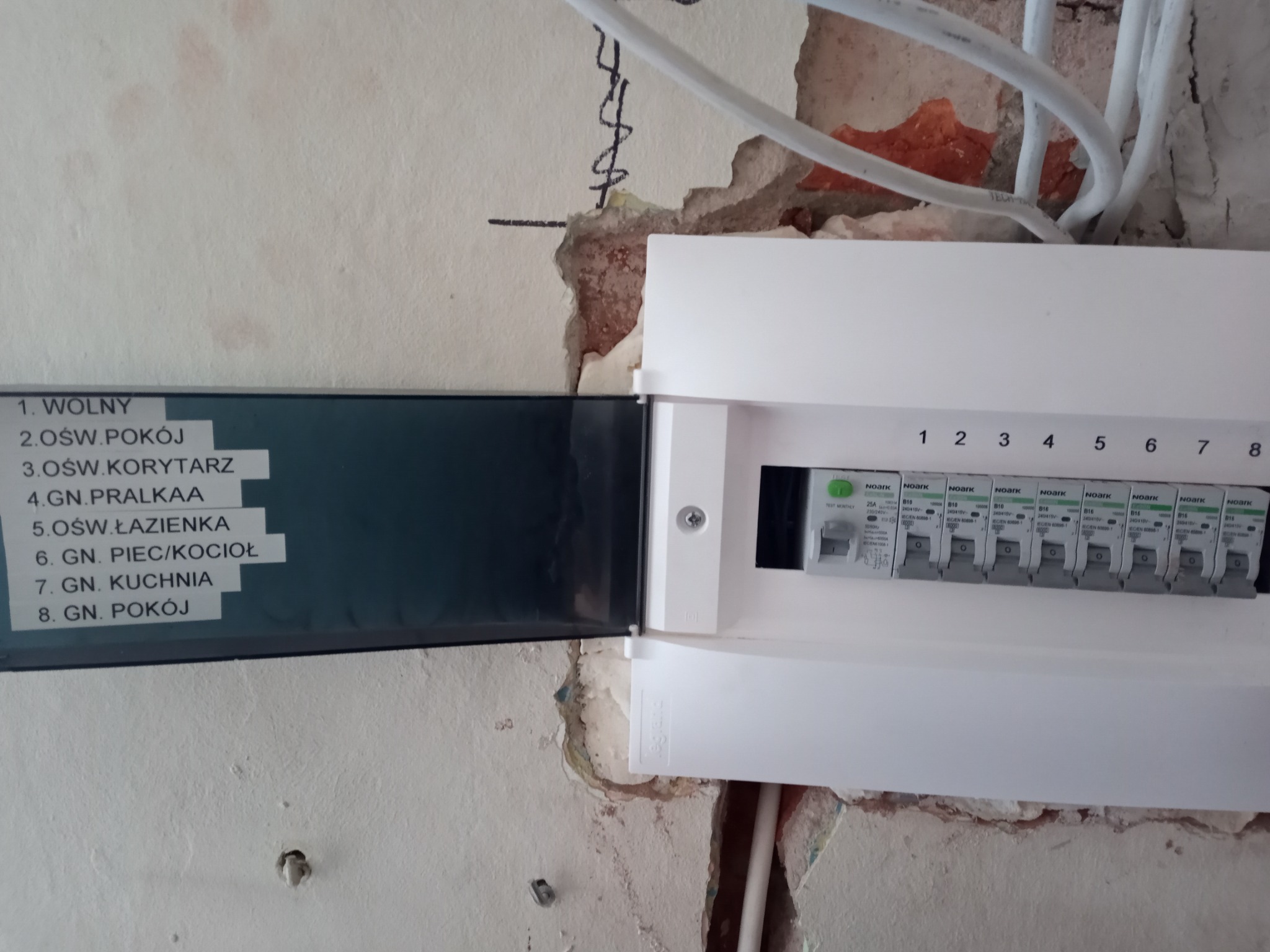 Skrzynka elektryczna z bezpiecznikami Noark zamontowana na nierównej ścianie z widocznymi przewodami i listwą z opisem obwodów, w trakcie prac wykończeniowych.