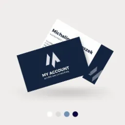 Dwie wizyt&oacute;wki biura rachunkowego w odcieniach granatu i bieli, z logo firmy 'My Account' i danymi kontaktowymi.