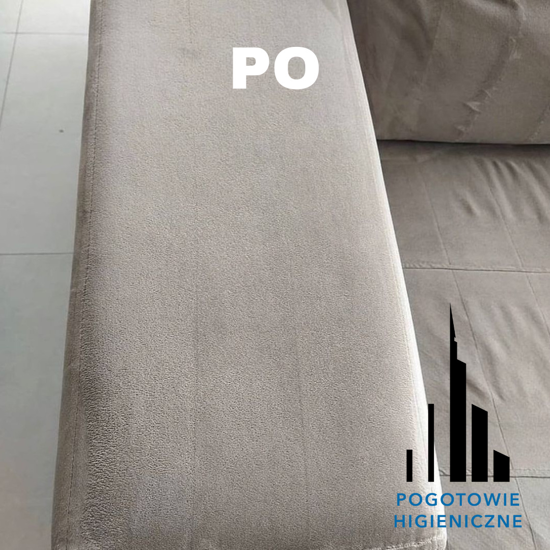 Jasnoszary podłokietnik kanapy z widoczną strukturą materiału, z napisem 'PO' i delikatnym cieniem, oraz logo 'POGOTOWIE HIGIENICZNE' w prawym dolnym rogu.